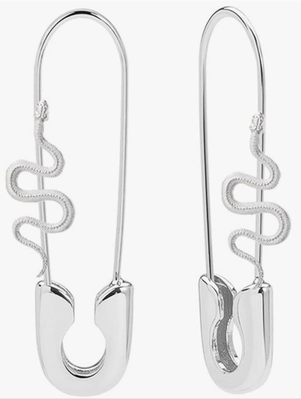✨ ⭐  Silver Snake Safety Pin Drop Earrings For Men Or Women ✨